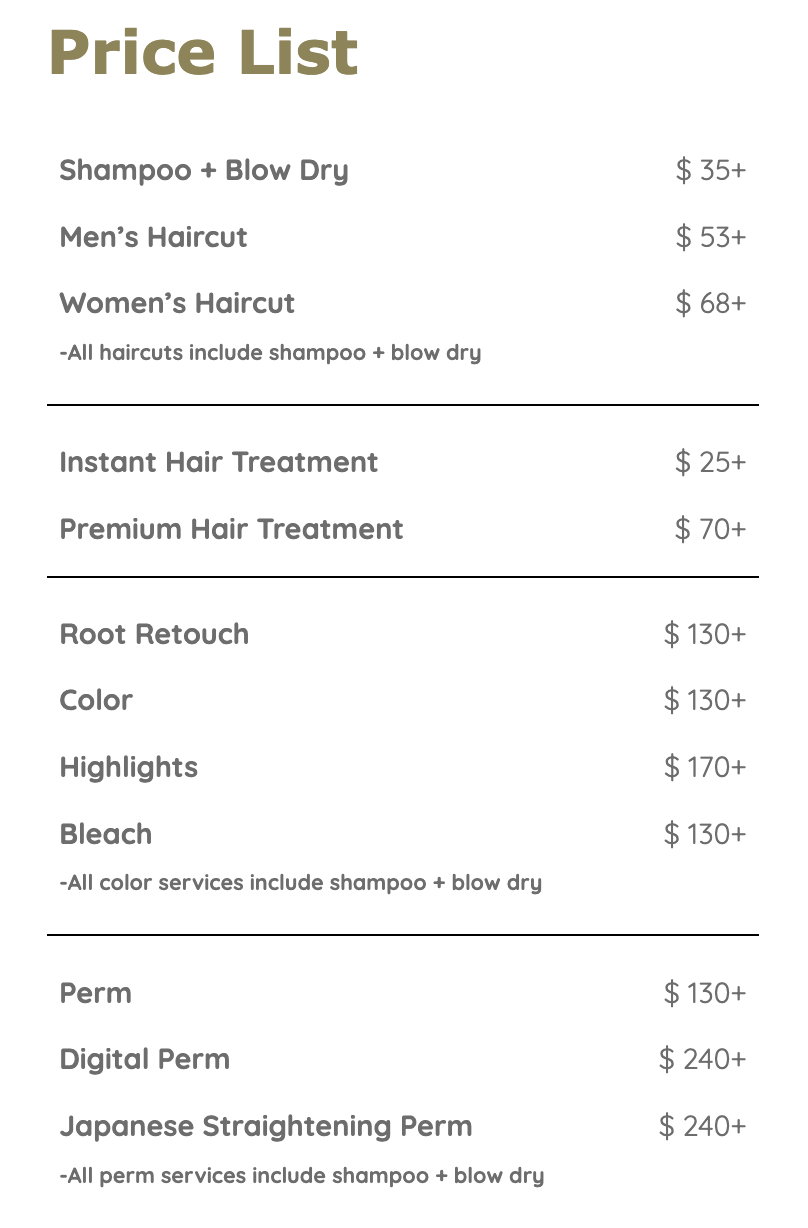 Kaiis Hair + Makeup Service Price List